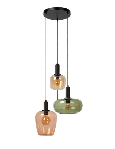Lucide - Ilona - Suspension Diam. 35 cm 3xE27 40W Verre Vert et Ambre