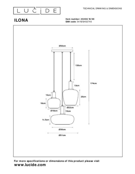 Ilona  de Lucide - Suspension 3xE27 - dessin technique
