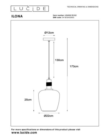 Ilona  de Lucide - Suspension verre Diam. 22 cm 1xE27 - dessin technique