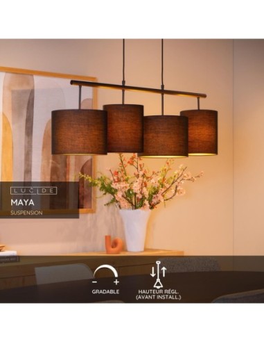 Lucide - Maya - Suspension Dimmable 4xE27 Acier et textile noir - fiche technique
