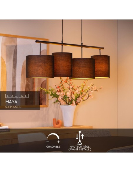 Lucide - Maya - Suspension Dimmable 4xE27 Acier et textile noir - fiche technique
