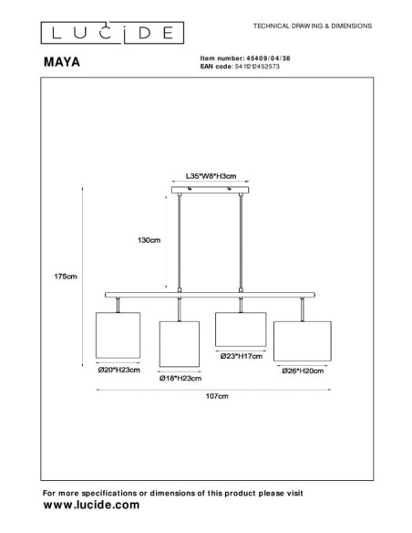 Maya  de Lucide - Suspension Dimmable 4xE27 - dessin technique