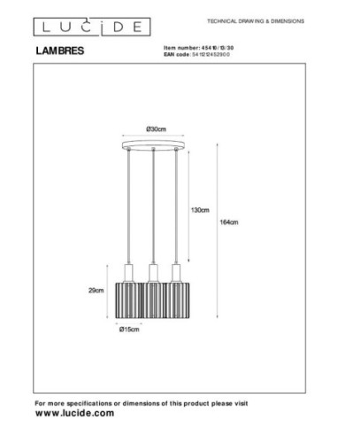 Lambres  de  Lucide - Suspension métal 3 points lumineux E27 - dessin technique