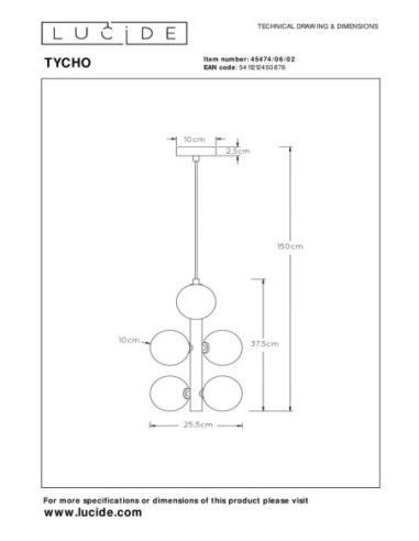 Lucide TYCHO Suspension Diam. 25,5 cm 6xG9 Or Mat / Laiton | Deko Light
