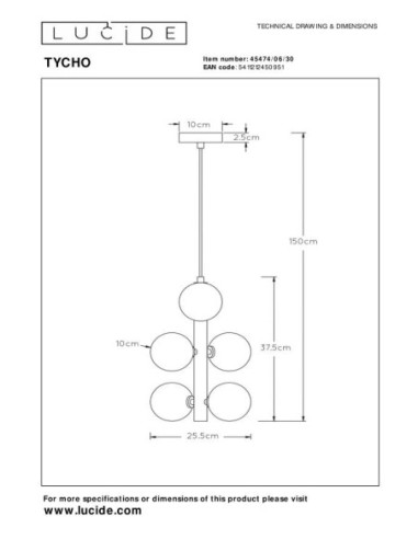 Suspension  6xG9 Dimmable métal noir et verre fumé - Lucide - Tycho