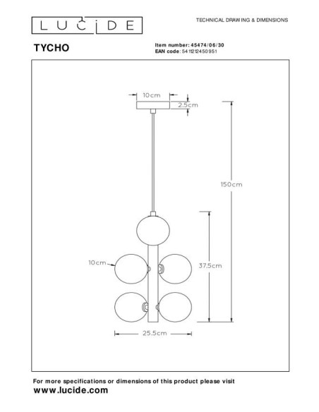 Suspension  6xG9 Dimmable métal noir et verre fumé - Lucide - Tycho