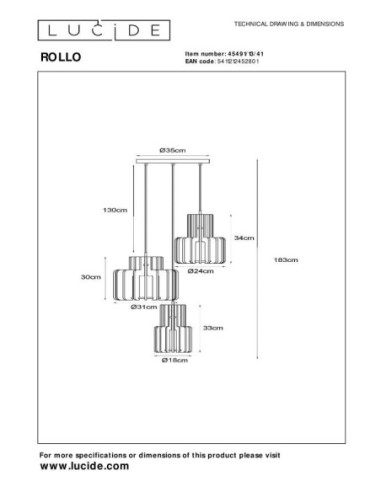 Rollo  - Lucide - Suspension feutrine 3 points lumineux  - dessin technique