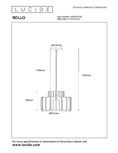 Lucide - Rollo - Suspension feutrine Diam. 31 cm 1xE27 - dessin technique