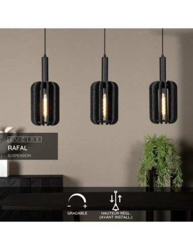 Suspension Diam. 20 cm 3xE27 Dimmable Noir et Gris - Lucide - Rafal