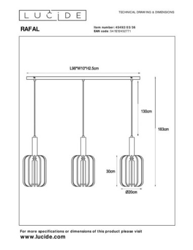 Suspension Diam. 20 cm 3xE27 Dimmable Noir et Gris - Lucide - Rafal