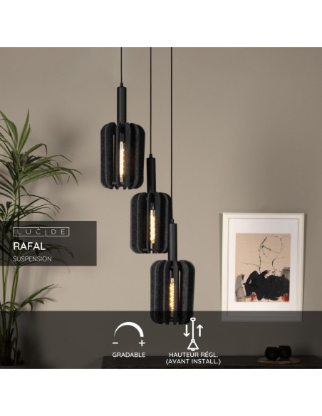 Suspension Diam. 50 cm 3xE27 40W Dimmable Gris / Noir - Lucide - Rafal