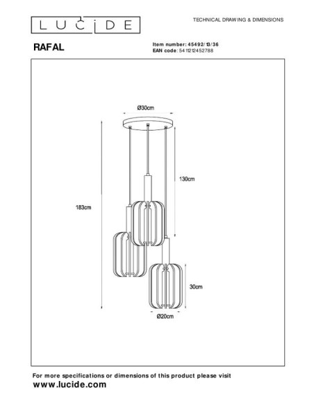 Suspension Diam. 50 cm 3xE27 40W Dimmable Gris / Noir - Lucide - Rafal