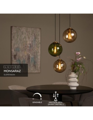 Suspension Diam. 35 cm 3xE27 40W Verre Vert et Ambre - Lucide - Monsaraz