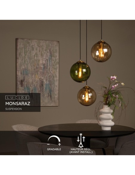 Suspension Diam. 35 cm 3xE27 40W Verre Vert et Ambre - Lucide - Monsaraz