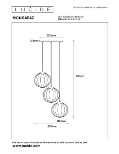 Suspension Diam. 35 cm 3xE27 40W Verre Vert et Ambre - Lucide - Monsaraz