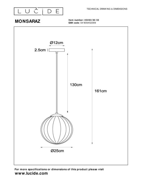 Monsaraz de  Lucide - Suspension 1xE27 - dessin technique
