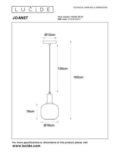 Lucide JOANET Suspension Diam. 16 cm 1xE27 Fume | Deko Light