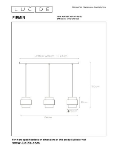 Firmin  de Lucide - Suspension Led métal or mat verre opalin 3xE27 - dessin technique