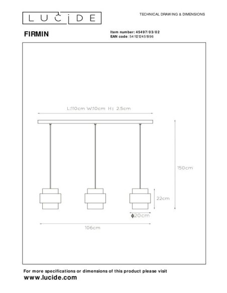 Firmin  de Lucide - Suspension Led métal or mat verre opalin 3xE27 - dessin technique