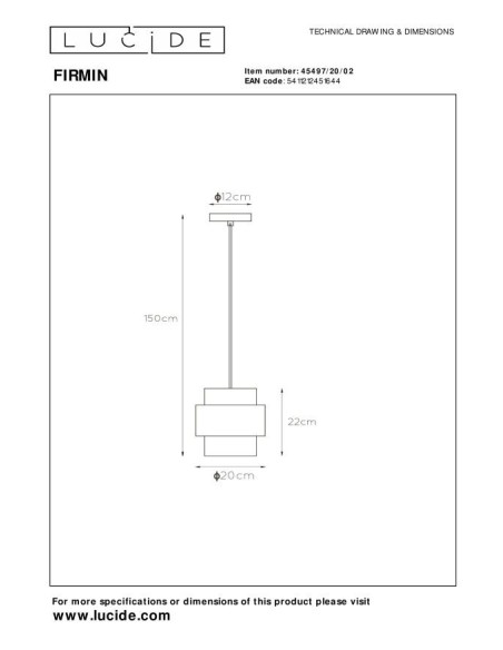 Firmin  de Lucide - Suspension Led métal or mat verre opalin diam. 20  - dessin technique