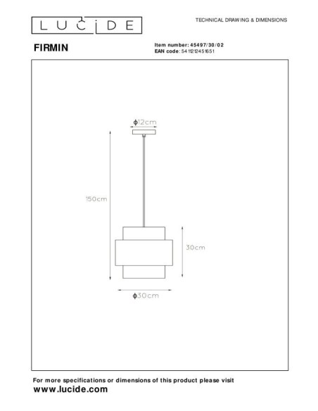 Firmin  de Lucide - Suspension Led métal or mat verre opalin diam. 30 - dessin technique