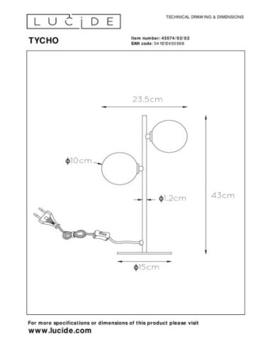 Tycho  de Lucide - Lampe de table Led - dessin technique