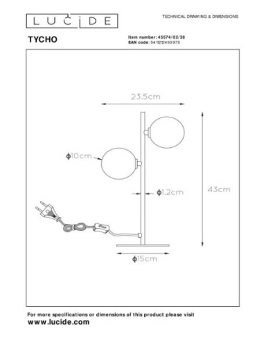 Tycho - Lucide - Lampe de table Led 2xG9 - dessin technique