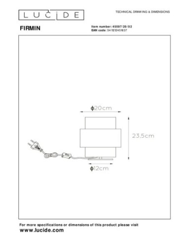 Firmin de Lucide - Lampe à poser Led métal or mat verre opalin - dessin technique