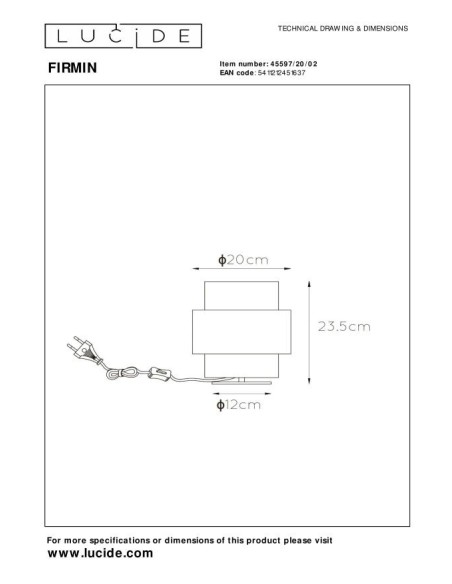 Firmin de Lucide - Lampe à poser Led métal or mat verre opalin - dessin technique