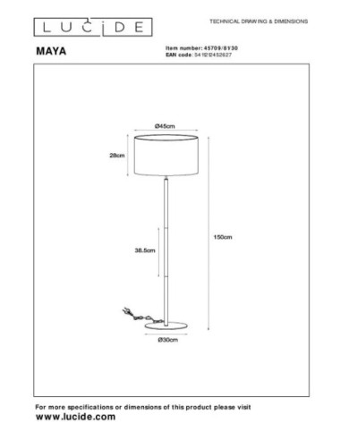 Lucide MAYA Lampadaire Diam. 45 cm 1xE27 Noir | Deko Light