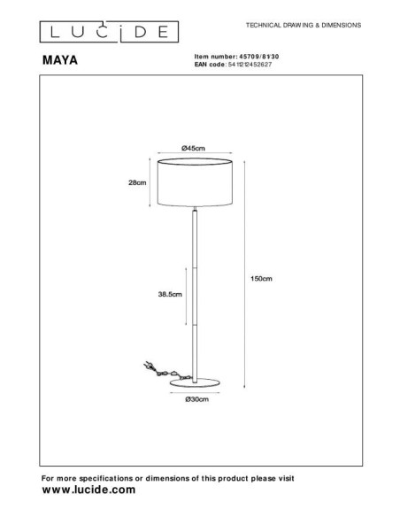 Lucide MAYA Lampadaire Diam. 45 cm 1xE27 Noir | Deko Light