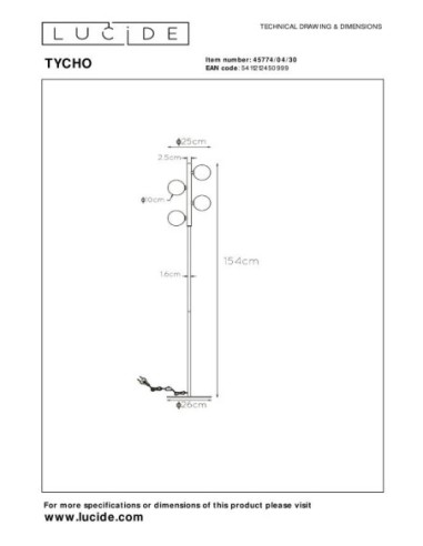 Lucide TYCHO Lampadaire 4xG9 Noir | Deko Light