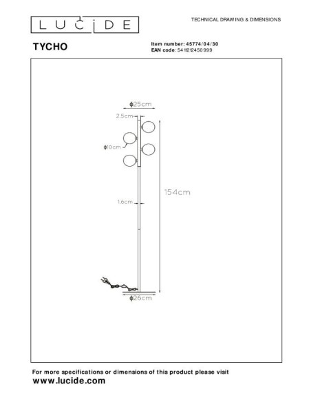 Lucide TYCHO Lampadaire 4xG9 Noir | Deko Light