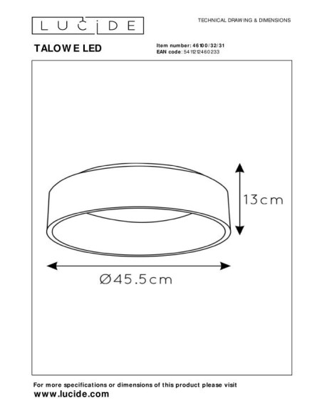Plafonnier Diam. 45,5 cm LED Dim. 1x30W 3000K Blanc - Lucide - Talonne Led