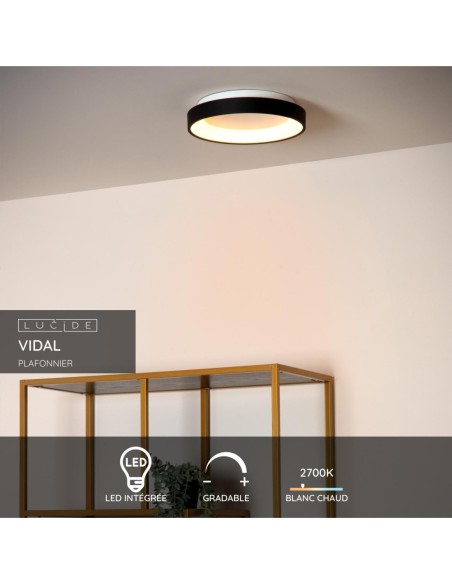 Plafonnier Diam. 28 cm LED Dim. 1x20W 2700K Noir - Lucide - Vidal