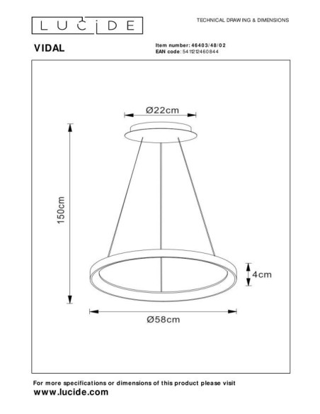 Lucide VIDAL Suspension Diam. 58 cm LED Dim. 1x48W 2700K Or Mat / Laiton | Deko Light