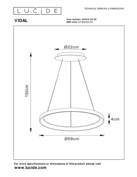 Suspension Diam. 58 cm LED Dim. 1x48W 2700K Noir - Lucide - Vidal