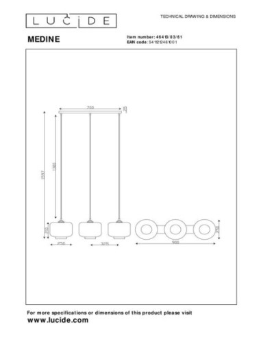Medine de Lucide - Suspension Led métal noir verre opalin 3xE27 - dessin technique