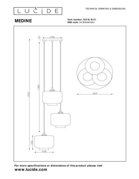 Medine  de Lucide -  Suspension Led ronde métal noir verre opalin ronde 3xE27 - dessin technique