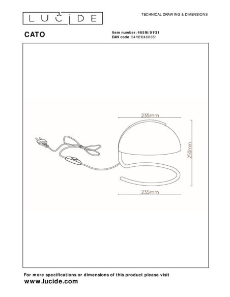 Lampe de table Diam. 23,5 cm 1xE27 40W Blanc - Lucide- Cato