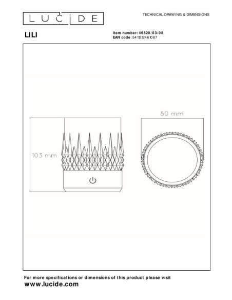 Lampes de table autonomes  anthracite - Lucide - Lily - dessin technique