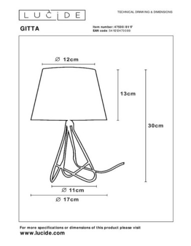 lampe de table GITTA de lucide , diam 17 cm, E14 cuivre