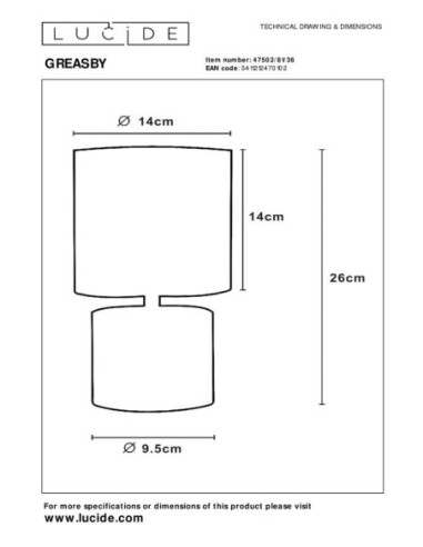 Lampe de table Diam. 14 cm 1xE14 40 W IP20  Gris - Lucide - Greasby