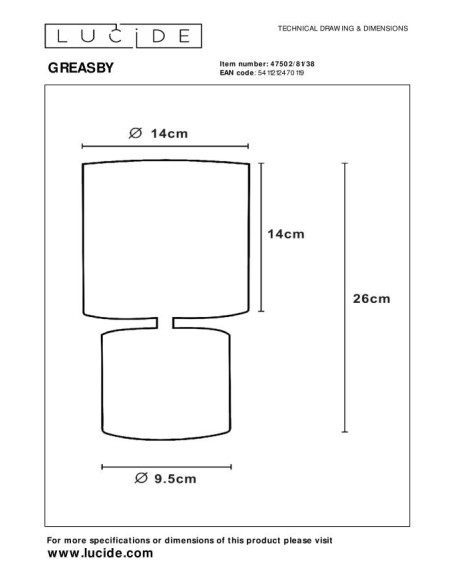 Lampe de table Diam. 14 cm 1xE14 40 W IP20 Crème - Lucide - Greasby