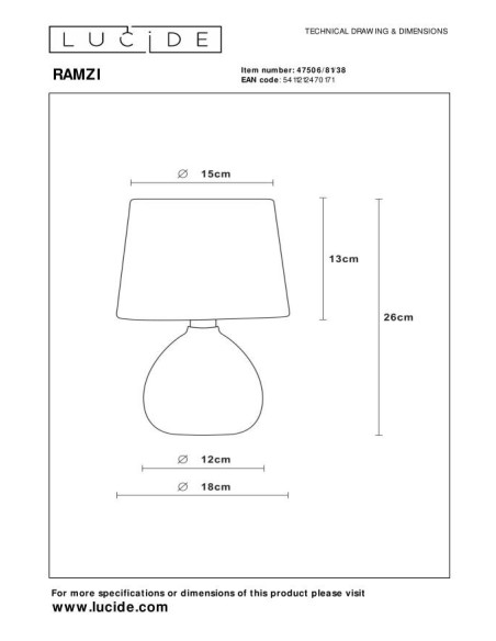 Ramzi de Lucide - Lampe de table Diam. 18 cm 1xE14 - dessin technique