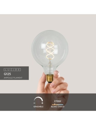 Ampoule filament Diam. 12,5 cm LED Dim. E27 1x4,9W 2700K Transparent -Lucide- G125