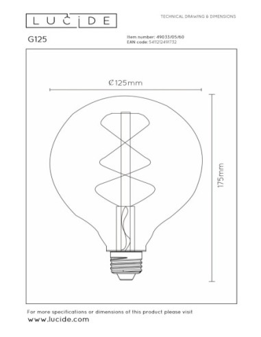 Ampoule filament Diam. 12,5 cm LED Dim. E27 1x4,9W 2700K Transparent -Lucide- G125