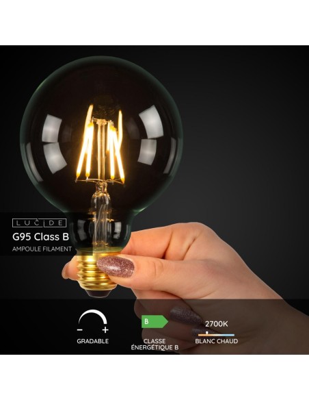 Ampoule filament Diam. 9,5 cm LED Dim. E27 1x7W 2700K Transparent - Lucide - G95 Class B