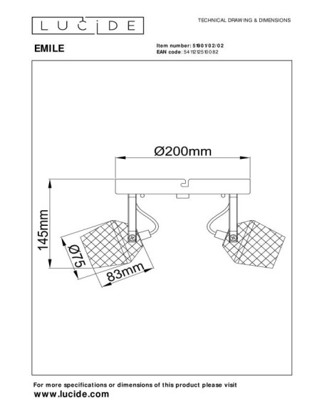 Plafonnier  Diam. 20 cm 2xGU10 8 W Or Mat / Laiton - Lucide - Emile