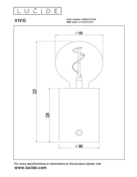 Lampe de table Diam. 8 cm LED Dim. E27 1x1W 2700K Gris - Lucide - Vivo